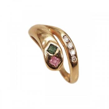 Zlat prsten se zirkony, zelenm a rovm kamenem