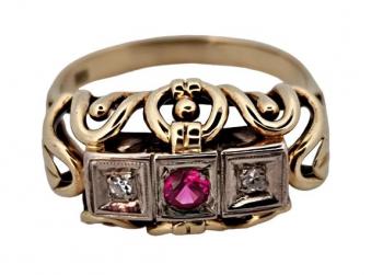 Zlat Art Deco prsten s diamanty a rubnem