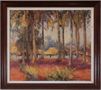 Starožitný obraz „Africká vesnice” Starožitný obraz „Africká vesnice”