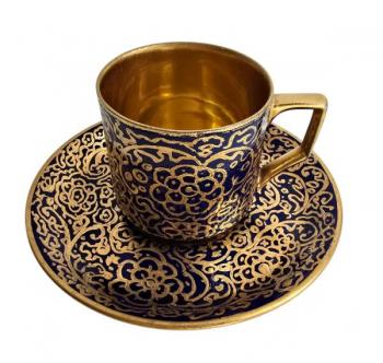 Starožitný moka šálek s podšálkem- zlato a kobalt Starožitný moka šálek s podšálkem- zlato a kobalt