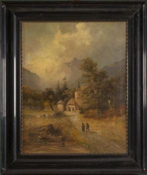 55. Romantická krajina s kostelíkem a poutníky 55. Romantická krajina s kostelíkem a poutníky