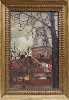 Pohled na kostelní věž se střechami Pohled na kostelní věž se střechami