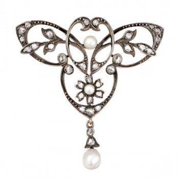 Secesní brož s perlami a diamantovými routami Secesní brož s perlami a diamantovými routami