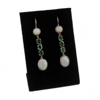 Zlaté visací náušnice s opály a smaragdy Zlaté visací náušnice s opály a smaragdy