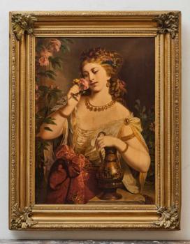 Alegorický portrét dámy s růží a džbánem, 19. stol Alegorický portrét dámy s růží a džbánem, 19. stol