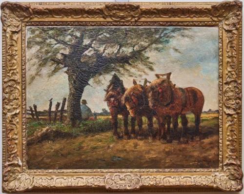 Olejomalba – Sedlák s koňmi při odpočinku Olejomalba – Sedlák s koňmi při odpočinku
