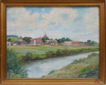 Karel Uher - Pohled na vesnici od řeky Karel Uher - Pohled na vesnici od řeky