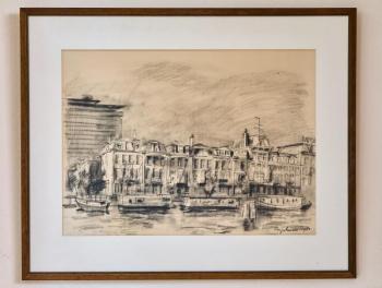 Kresba uhlem Engelman 1980, městské nábřeží Kresba uhlem Engelman 1980, městské nábřeží