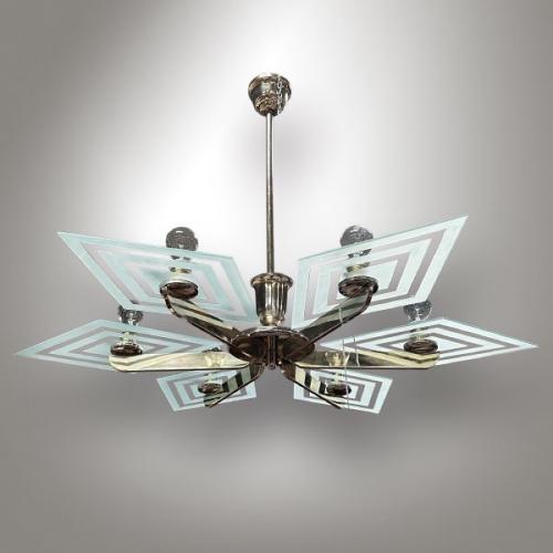 Chromový lustr Art Deco, 1930, nikl, pískované sklo Chromový lustr Art Deco, 1930, nikl, pískované sklo