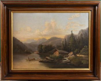 59. Alpská krajina s mlýnem a loďkou 59. Alpská krajina s mlýnem a loďkou