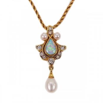 Zlatý náhrdelník s opálem, perličkami a diamanty Zlatý náhrdelník s opálem, perličkami a diamanty