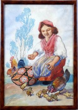 T. Kroj - Děvče v kroji s kuřátky T. Kroj - Děvče v kroji s kuřátky