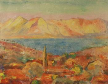 Mandel, Jiří ml.: Vesnička na pobřeží s horami Mandel, Jiří ml.: Vesnička na pobřeží s horami