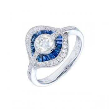 Prsten z bílého zlata s přírodními safíry a diaman Prsten z bílého zlata s přírodními safíry a diaman