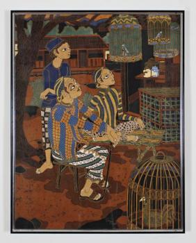 Malba na hedvábí. Pozorovatelé ptáků. 108 X 82 Malba na hedvábí. Pozorovatelé ptáků. 108 X 82