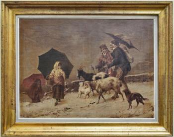 Starožitný tisk na plátně – venkovská zimní scéna  Starožitný tisk na plátně – venkovská zimní scéna