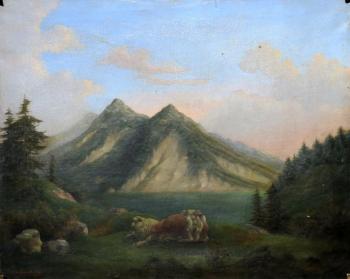 47. Julius Wohlmuth: Alpská krajina se skotem 47. Julius Wohlmuth: Alpská krajina se skotem