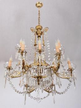 Starožitný bronzový lustr s křišťálem 12 svíček Starožitný bronzový lustr s křišťálem 12 svíček