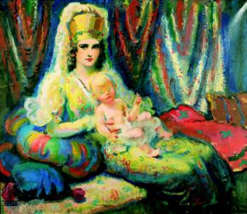 Sedící herečka v divadelním kostýmu s dítětem Sedící herečka v divadelním kostýmu s dítětem