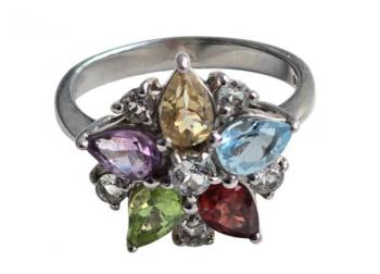 Stříbrný prsten - duhová květina z drahokamů Stříbrný prsten - duhová květina z drahokamů