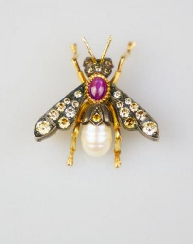 Zlatá brož s diamanty, rubínem a perlou Zlatá brož s diamanty, rubínem a perlou