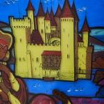 Závěsná vitráž s rytířským motivem a hradem  Závěsná vitráž s rytířským motivem a hradem