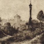 Pohled na hrad na cestě s lucernou a božími mukami Pohled na hrad na cestě s lucernou a božími mukami