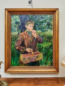 Chlapec s košíkem třešní – olejomalba, signováno Chlapec s košíkem třešní – olejomalba, signováno