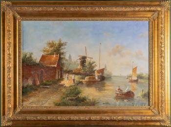 147. Krajina s řekou, loďkami, větrným mlýnem a zí 147. Krajina s řekou, loďkami, větrným mlýnem a zí