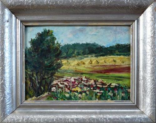 Signatura nečitelná - Krajina s vlčími máky a snop Signatura nečitelná - Krajina s vlčími máky a snop