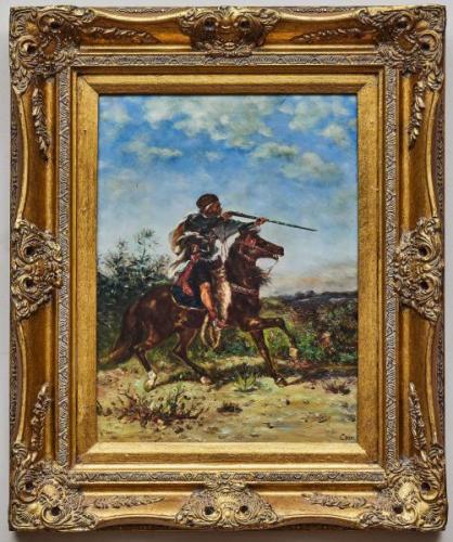 Olejomalba – jezdec s puškou, signováno Cram Olejomalba – jezdec s puškou, signováno Cram
