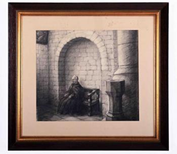 Sedící mnich. Kresba uhlem. Signováno Sedící mnich. Kresba uhlem. Signováno