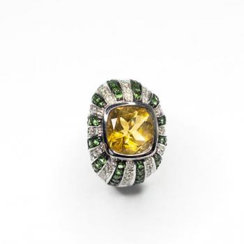 Briliantový prsten s citrínem a zelenými granáty Briliantový prsten s citrínem a zelenými granáty