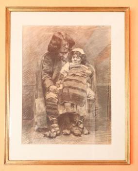 Otec s dcerou. Kresba uhlem 74 X 80,5 cm Otec s dcerou. Kresba uhlem 74 X 80,5 cm