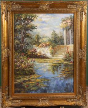 134. Jezírko s architekturou a rozkvetlými rostlin 134. Jezírko s architekturou a rozkvetlými rostlin