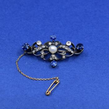 Zlatá brož s perlou, safíry a brilianty Zlatá brož s perlou, safíry a brilianty