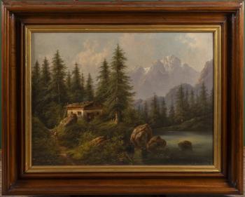 60. Alpská krajina se stavením a říčkou 60. Alpská krajina se stavením a říčkou