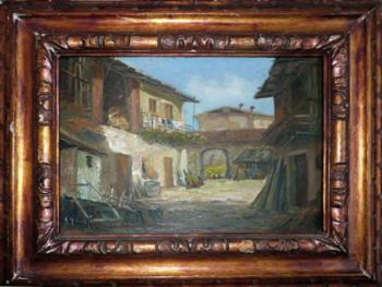 Obraz NÁDVOŘÍ, signovaný nečitelně,  Obraz NÁDVOŘÍ, signovaný nečitelně,