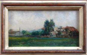 Budovy v travnaté krajině Budovy v travnaté krajině