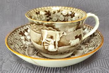 Šálek s podšálkem, vesnický motiv, zn. Davenport   Šálek s podšálkem, vesnický motiv, zn. Davenport