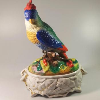 Dóza s papouškem na víku Dóza s papouškem na víku