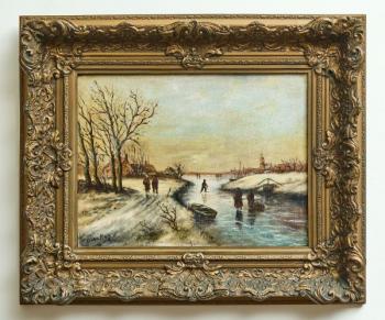Zimní krajina s postavami na zamrzlé řece, olej Zimní krajina s postavami na zamrzlé řece, olej