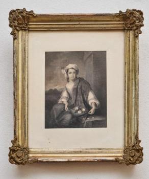 Grafika „Květinářka” z 19. století v krásném rámu Grafika „Květinářka” z 19. století v krásném rámu