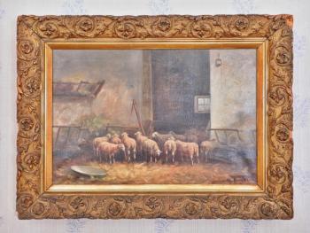 Ovce ve stáji. 19. stol. Olej. 77 X 56 cm Ovce ve stáji. 19. stol. Olej. 77 X 56 cm