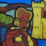 Závěsná vitráž s rytířským motivem a hradem  Závěsná vitráž s rytířským motivem a hradem