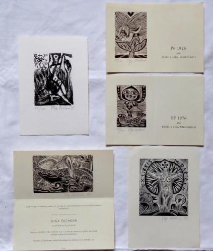 Olga Čechová - 2 x PF 1976, 2 x Ex libris, Pozvánk Olga Čechová - 2 x PF 1976, 2 x Ex libris, Pozvánk