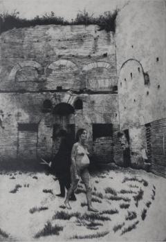 Mědirytina v dubovém rámu Mědirytina v dubovém rámu