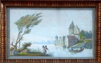 Zámek u jezera, s loďkou a postavami Zámek u jezera, s loďkou a postavami