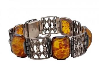 STŘÍBRNÝ ART DECO NÁRAMEK S JANTAREM STŘÍBRNÝ ART DECO NÁRAMEK S JANTAREM