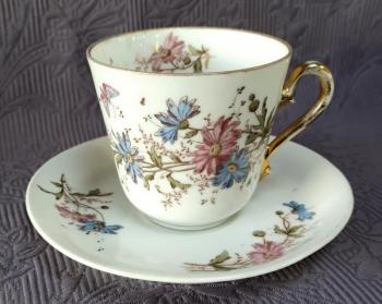 Šálek s podšálkem, květinový dekor s motýlkem  Šálek s podšálkem, květinový dekor s motýlkem